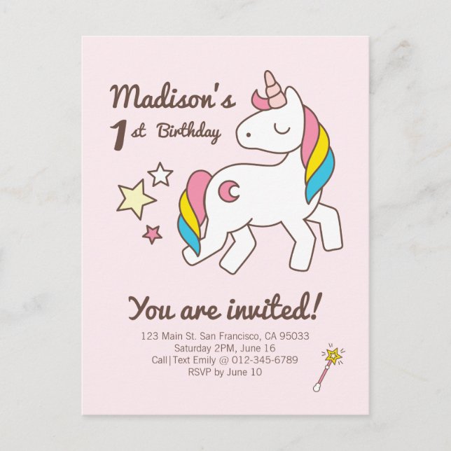 Cute Unicorn  Wand & Stars Birthday Invitation (Front)