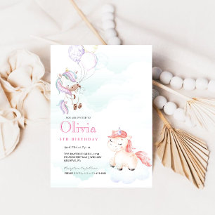 Cute Unicorn Watercolor Balloon 5th Birthday Invitation
