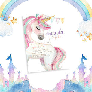 Cute Unicorn Watercolor Glitter Birthday Invitation