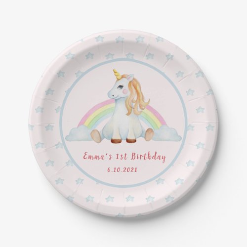Cute Unicorn watercolor pink  1st Birthday Paper P Paper Plates