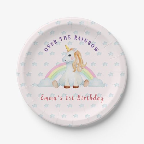 Cute Unicorn watercolor pink  1st Birthday Paper Plates