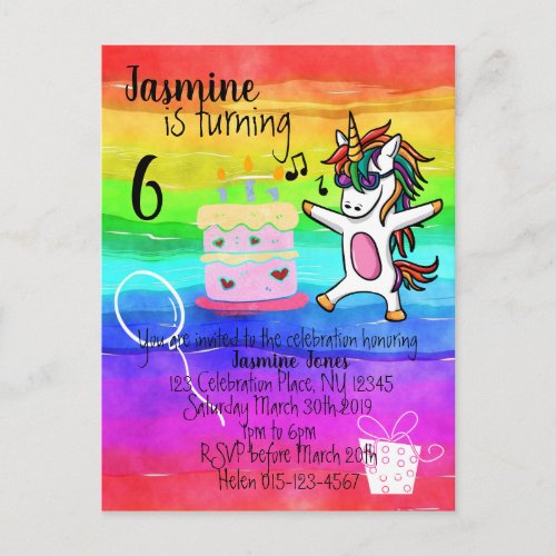 Cute Unicorn Watercolor Rainbow Birthday Invitation Postcard