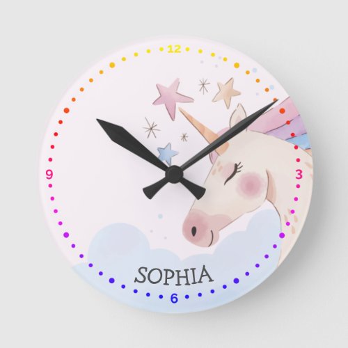 Cute Unicorn watercolor Round Clock
