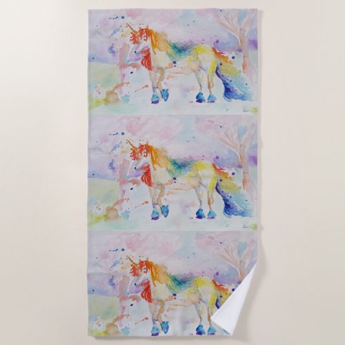 Cute Unicorn Watercolour Girls Beach Towel