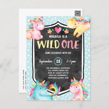 Cute Unicorn Wild One 1st Birthday Party Postcard by dulceevents at Zazzle