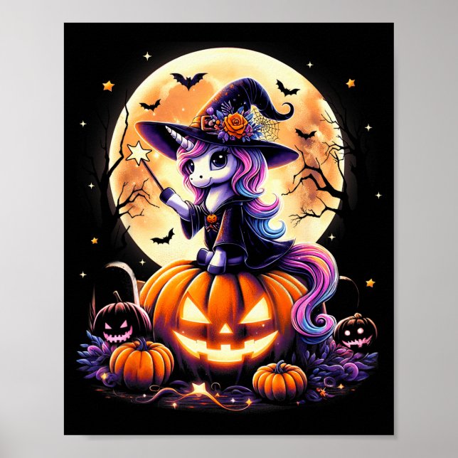 Cute Unicorn Witch Pumpkin Halloween Shirts Girls  Poster (Front)