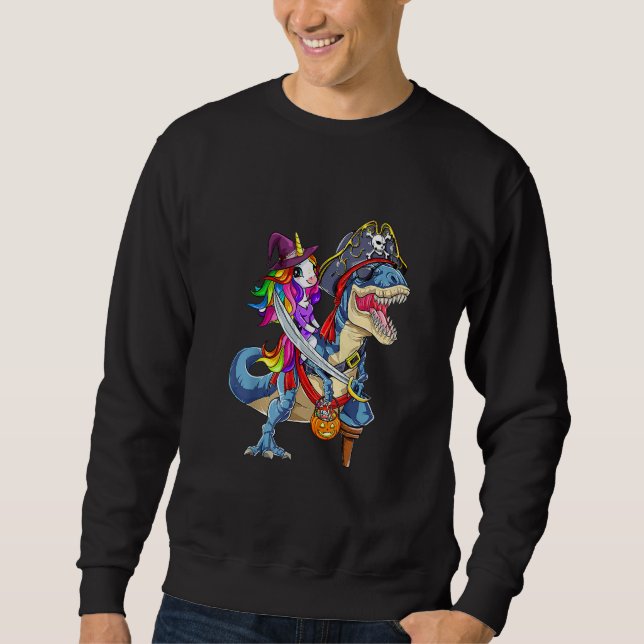 Cute Unicorn Witch Riding Dinosaur Pumpkin Hallowe Sweatshirt (Front)