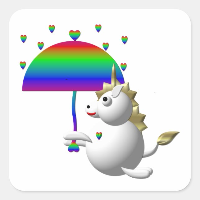 Cute unicorn with an umbrella square sticker (Front)