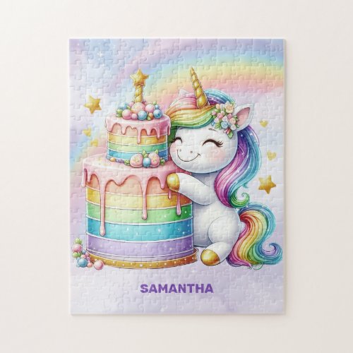 Cute unicorn with birthday cake and rainbow jigsaw puzzle