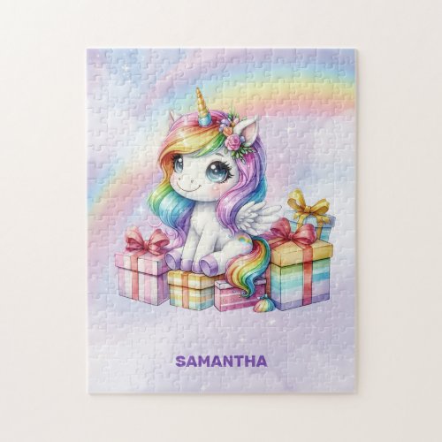 Cute unicorn with birthday presents rainbow Puzzle