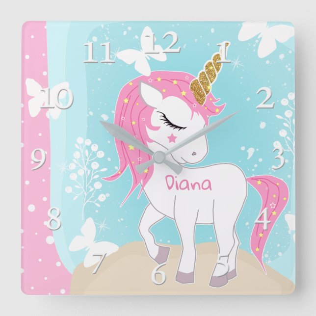Cute unicorn with butterflies. square wall clock (Front)