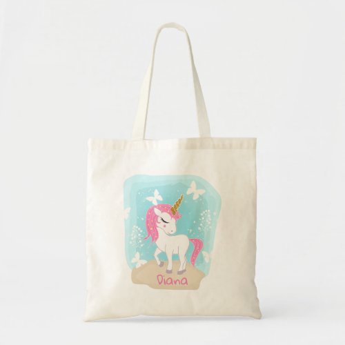 Cute unicorn with butterflies tote bag