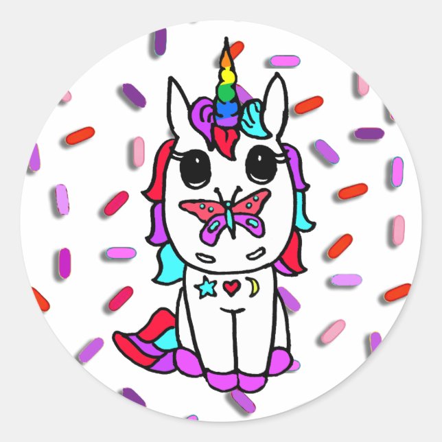 Cute Unicorn with Butterfly on Nose Candy Sprinkle Classic Round Sticker (Front)