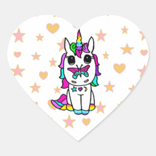 Cute Unicorn with Butterfly Stars and Hearts Heart Sticker