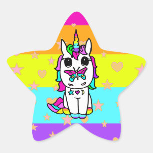 Cute Unicorn with Butterfly Stars and Hearts Star Sticker