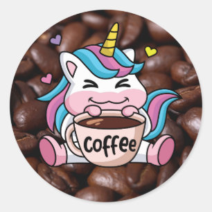 Cute Unicorn with Coffee Classic Round Sticker