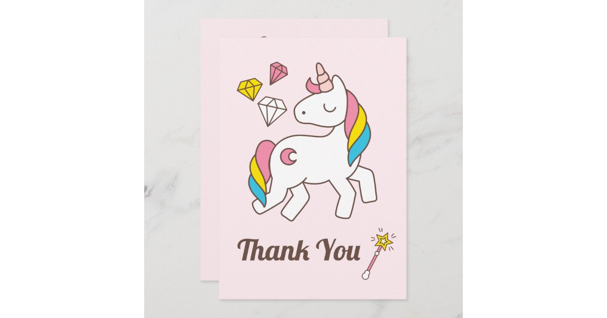 Cute Unicorn with Cute Wand & Diamonds. Thank You Invitation | Zazzle