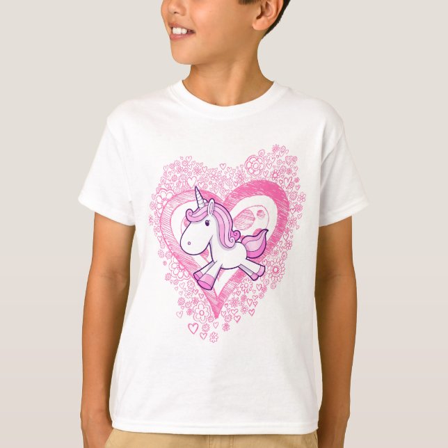 Cute Unicorn with Doodle Flowers & Hearts T-Shirt (Front)