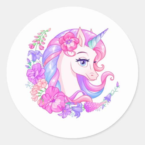 Cute Unicorn with Flowers Classic Round Sticker