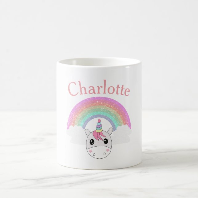 Cute Unicorn with Glitter Rainbow and Custom Name Coffee Mug (Center)