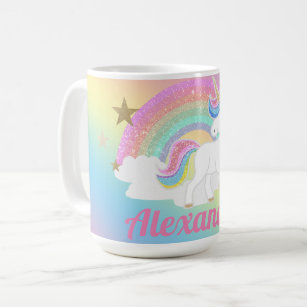 Cute Unicorn with Glitter Rainbow and Custom Name Coffee Mug