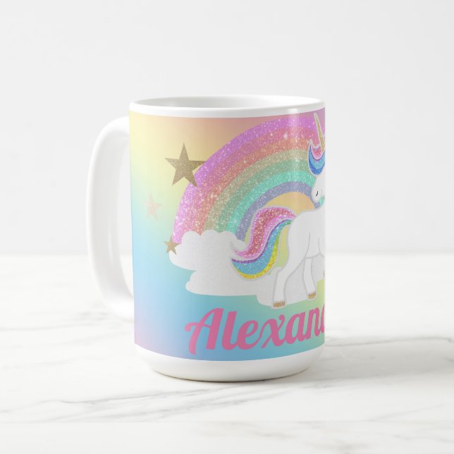 Cute Unicorn with Glitter Rainbow and Custom Name Coffee Mug (Front Left)