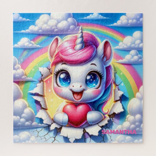 Cute unicorn with heart and rainbow in cloud jigsaw puzzle
