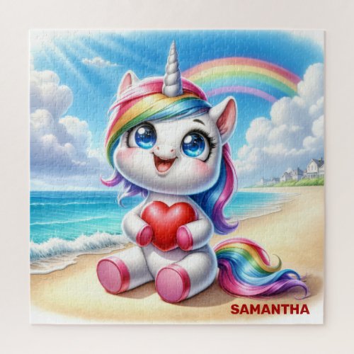 Cute unicorn with heart on a beach and rainbow jigsaw puzzle