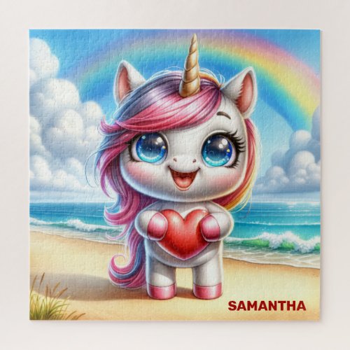 Cute unicorn with heart on a beach and rainbow jigsaw puzzle