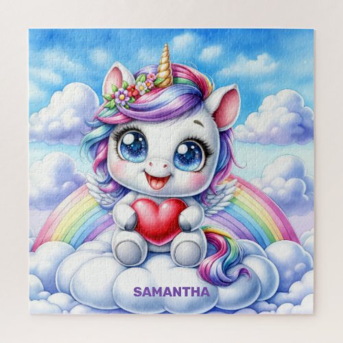 Cute unicorn with heart on a cloud and rainbow jigsaw puzzle