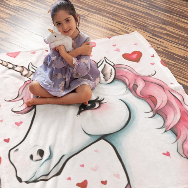 Cute Unicorn with Hearts Fleece Blanket (The perfect blanket for a bedroom or playroom.)
