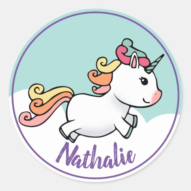 Cute unicorn with name classic round sticker (Front)