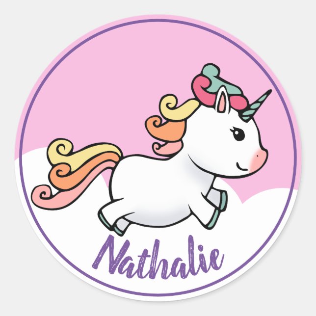 Cute unicorn with name classic round sticker (Front)