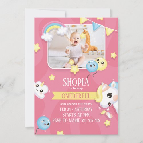 Cute Unicorn with Photo 1st Birthday Invitation