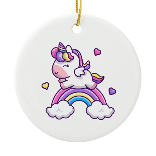 Cute Unicorn With Rainbow Cartoon Ceramic Ornament