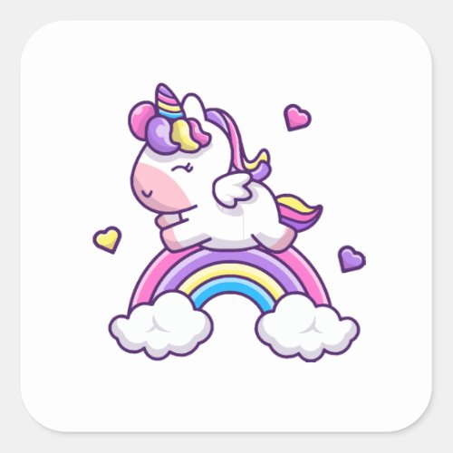 Cute Unicorn With Rainbow Cartoon Square Sticker