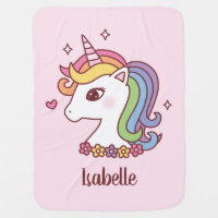 Cute Unicorn with Rainbow Mane Baby Girl Pink Baby Blanket