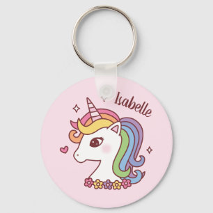 Cute Unicorn with Rainbow Mane Doodle Girls Name Keychain