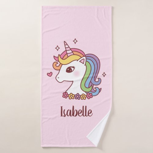 Cute Unicorn with Rainbow Mane Girls Personalized Bath Towel