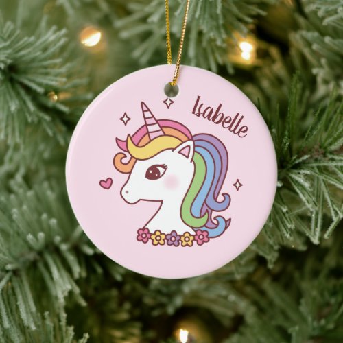 Cute Unicorn with Rainbow Mane Kids Personalized Ceramic Ornament