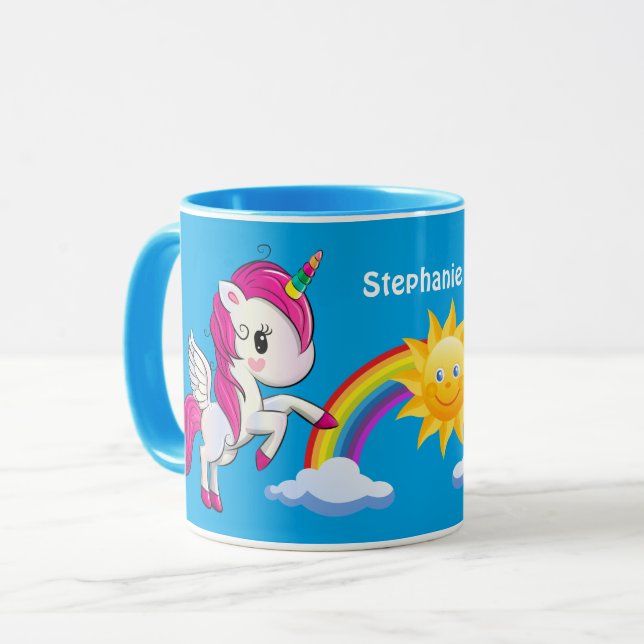 Cute Unicorn With Rainbow & Sun Personalized Blue Mug (Front Left)