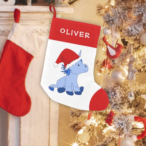 Cute Unicorn with Santa Hat Kids Small Christmas Stocking