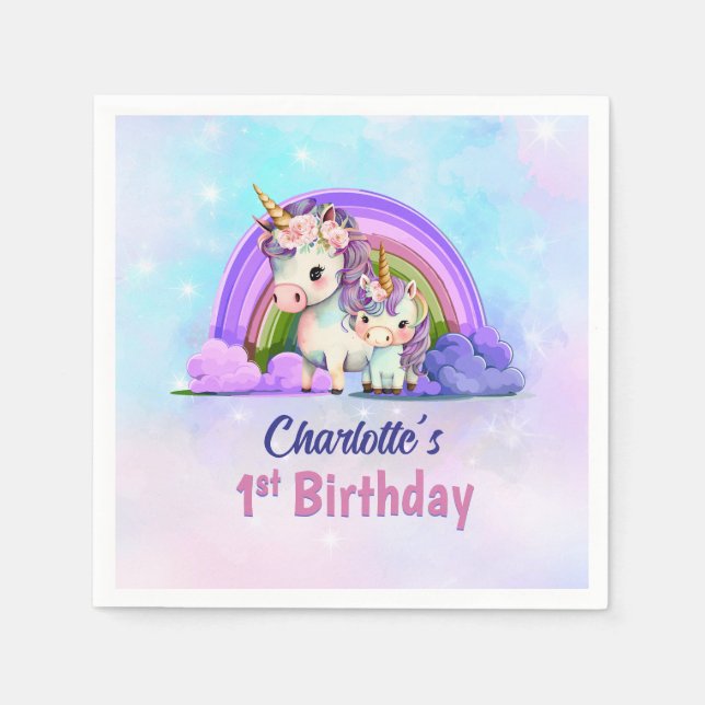 Cute Unicorns 1st Birthday Party Napkins (Front)