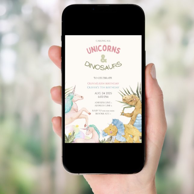 Cute unicorns and dinosaurs joint sibling birthday invitation (Front Digital)
