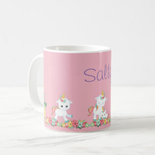 Cute Unicorns and Floral Personalized Coffee Mug