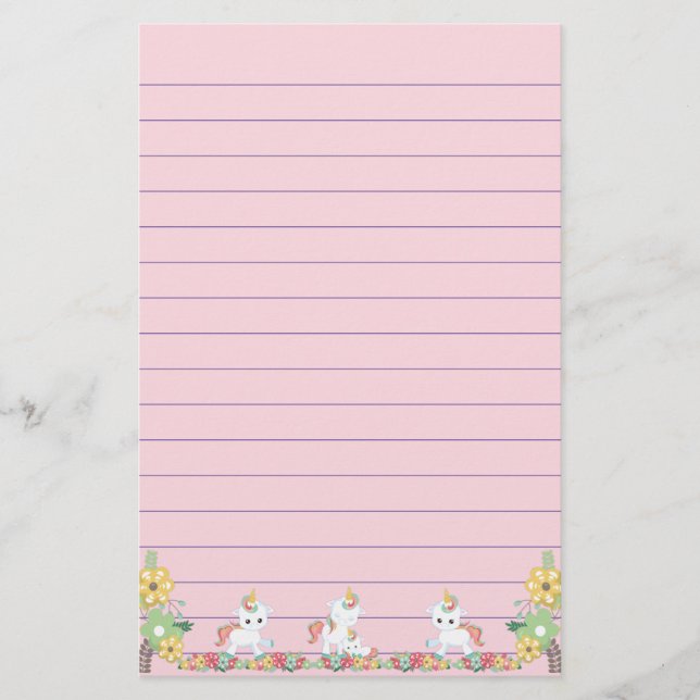 Cute Unicorns and Floral Stationery (Front)