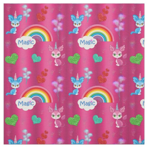 Cute Unicorns and Hearts on Pink Fabric