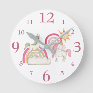 Cute Unicorns and Pastel Boho Rainbows Round Clock