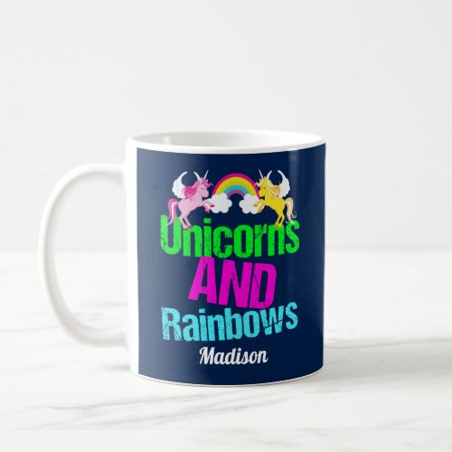 Cute Unicorns and Rainbows Personalized Blue Coffee Mug