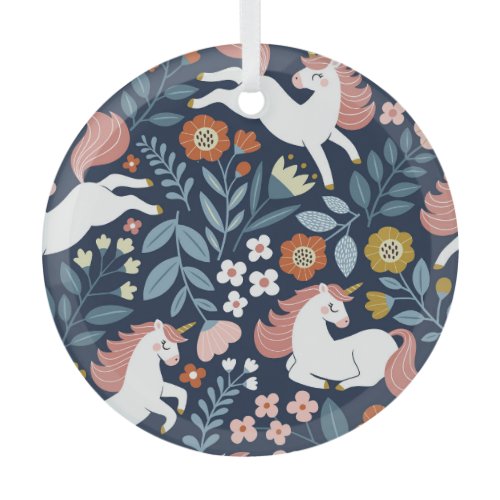 Cute Unicorns Floral Vintage Pattern Glass Ornament